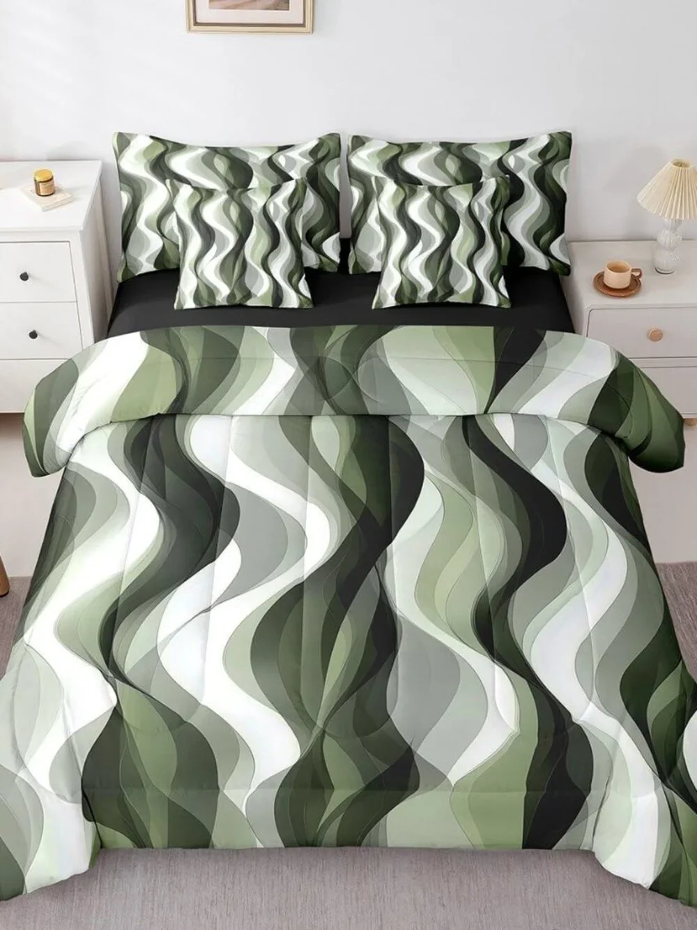 7Pcs Sage Green Queen Comforter Set,Boho Abstract Striped Bed in A Bag for Kids